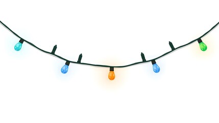 Christmas Lights Clipart &ndash; Cyan, Blue, Orange & Green Bulbs on Dark Green Wire over White Background