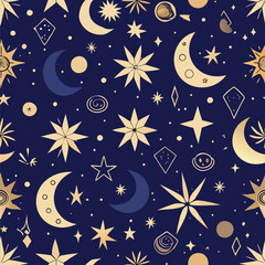 Naklejka premium Night Sky Pattern with Stars and Moons