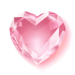 A pink, faceted, heart-shaped gemstone on a white background with subtle shading.