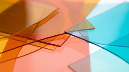 Close-up of multi-colored translucent glass sheets stacked on top of each other