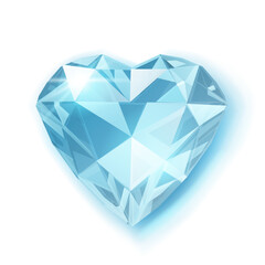 A digital illustration of a heart-shaped diamond with various shades of blue and white, set against a plain white background with subtle glow.