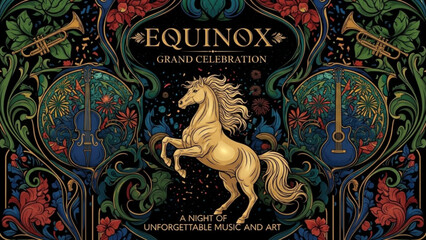 Vibrant equinox celebration poster with golden horse, floral patterns, musical instruments, and art elements on black background