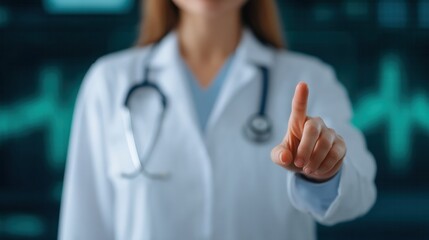 Connected health systems, A healthcare professional gestures with a raised finger, emphasizing importance, amidst a digital health monitoring backdrop.