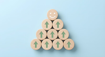 wooden blocks with green arrows and smiling face