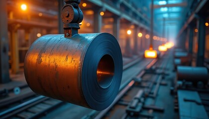 Heavy steel coil hangs in factory. Hot metal slabs move on conveyor belt. Industrial plant production line operates with bright orange glow. Heavy industry manufacturing.