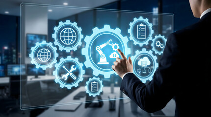 Businessman touching virtual gear interface with robotic arm icon,representing industrial automation and smart manufacturing,concept of industry 4.0 technology,workflow process.