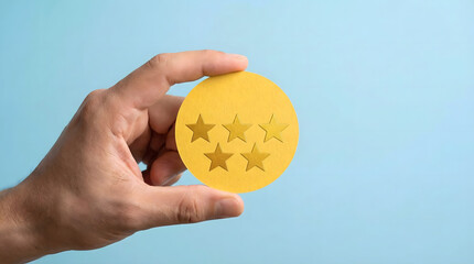 Hand holding yellow circle with five golden stars on blue background,symbolizing top quality rating,excellent customer feedback,perfect review score,satisfaction guarantee,premium service standard
