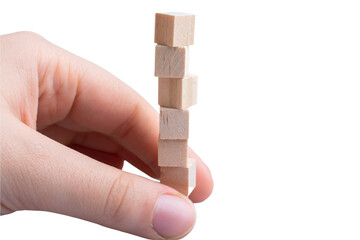 Hand playing wooden cubes isolated on white background,