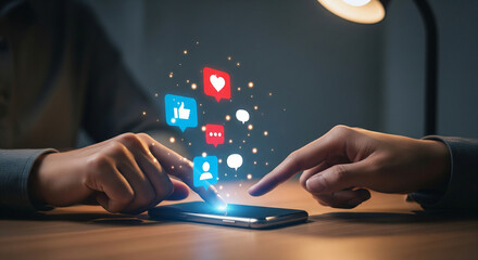 Person interacting with social media icons on a smartphone, symbolizing digital connection and online engagement.
