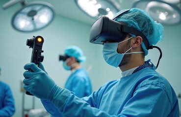 Surgeon wears VR headset and mask in operating room. He holds device, performs virtual surgery with another doctor nearby. Future medical tech training simulation.