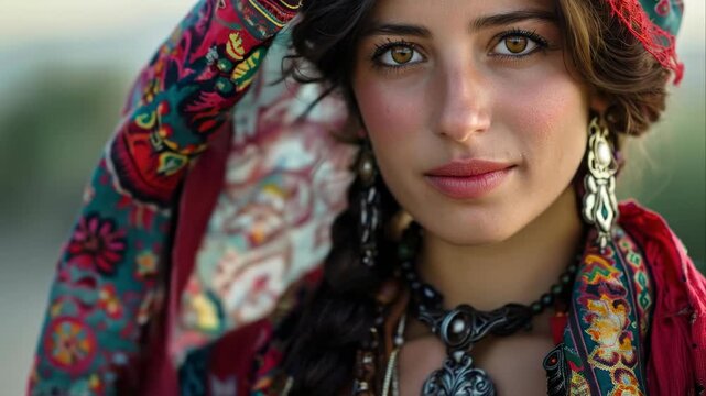 A close up on a female face wearing traditional clothing. She is a Romany wanderer, a traveler, a rambler, a nomad, a vagabond, a roamer, a bohemian, a gitana, a zingara, a wayfarer, an itinerant