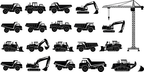 Construction Heavy Machinery Vector Silhouette Set Featuring Excavators Dump Trucks Cranes Bulldozers and Industrial Earth Moving Equipment Icons for Building Industry © Reginald Diesel