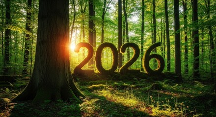 Natural Sunlit Forest Scene with Large 2026 Numbers Surrounded by Lush Greenery and Trees