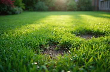 Rich green grass growing in uneven patches with bare earth showing. Sunlight creates bright highlights on dew covered blades. Lawn needs care, garden maintenance work.