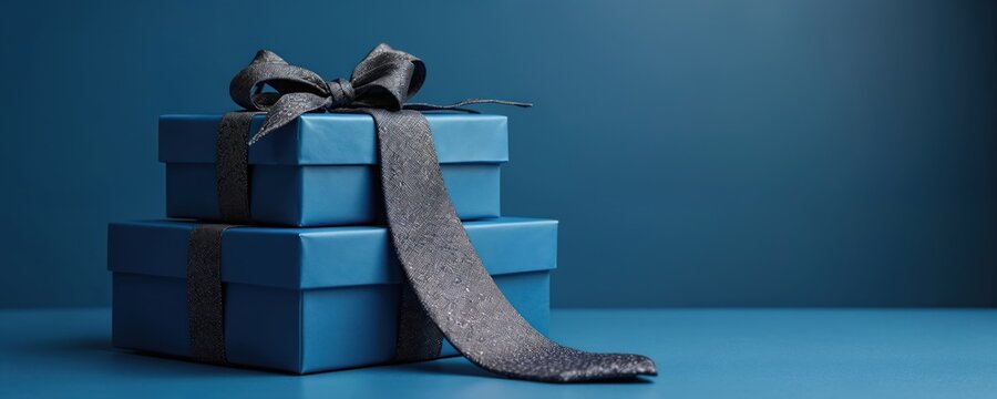 Two blue gift boxes with ribbons and a necktie are stacked on a table. This masculine present conveys appreciation. Celebrate special man with surprise, gift wrap detail.