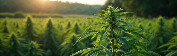 Field of industrial hemp plants under warm sunset light. Tall green stalks grow in rows, suggesting agricultural farming, future raw material potential. Plants show dense foliage, developing buds.