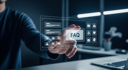 Person interacting with futuristic digital interface displaying FAQ options for easy access to information.