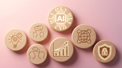 Wooden blocks with artificial intelligence and business icons,ai technology strategy concept,digital transformation diagram,machine learning smart innovation,network security plan.