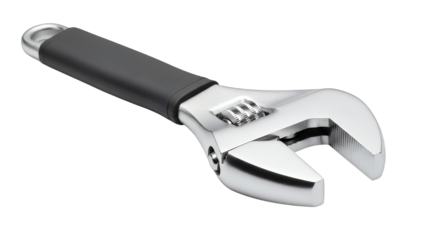 Adjustable wrench with black handle and chrome head isolated on transparent background