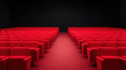 Obraz premium Connected health systems, A vibrant cinema hall featuring rows of red seats leading to a dark screen, creating a dramatic and inviting atmosphere for moviegoers.