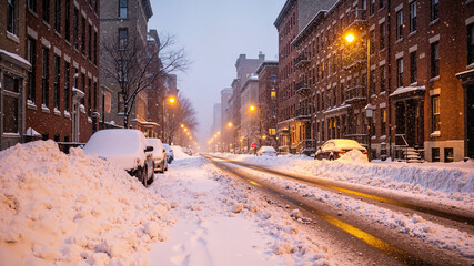 Street with snowdrifts during snowfall
