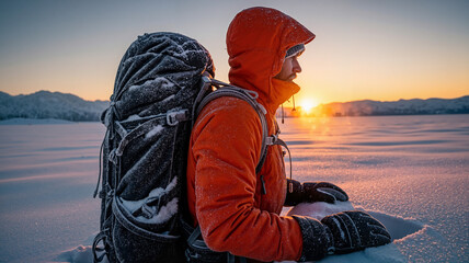 Tourist with a backpack in a snowy field at sunrise