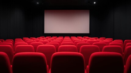 Obraz premium Connected health systems, A modern cinema hall featuring rows of red seats facing a blank screen, creating an inviting atmosphere for moviegoers.