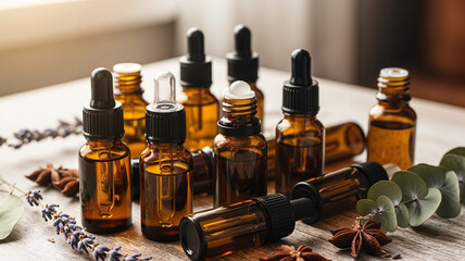Bottles of essential oils for inhalation on a wooden table

