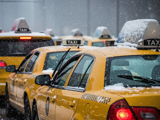 Row of yellow taxis in the city center during snowfall

