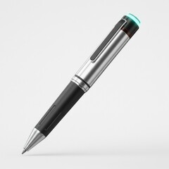 Naklejka premium Silver and Black Ballpoint Pen with Green Light on Top Isolated on White