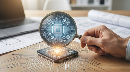 Magnifying glass focusing on computer processor chip on motherboard,depicting hardware inspection,semiconductor quality control,circuit engineering,and electronic component technology.