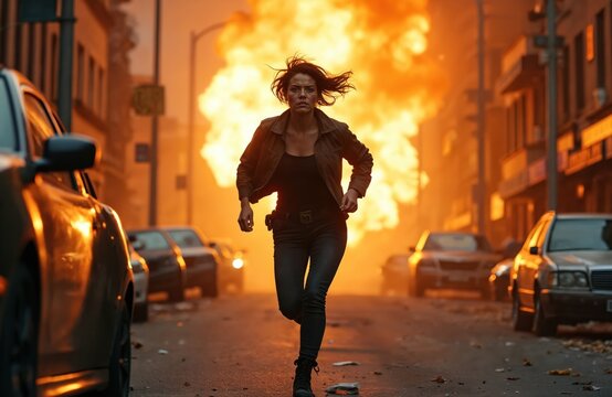 Woman runs down city street as large explosion erupts behind her. Buildings and cars line the road amid fire and smoke. She moves fast to escape danger, intense action scene.