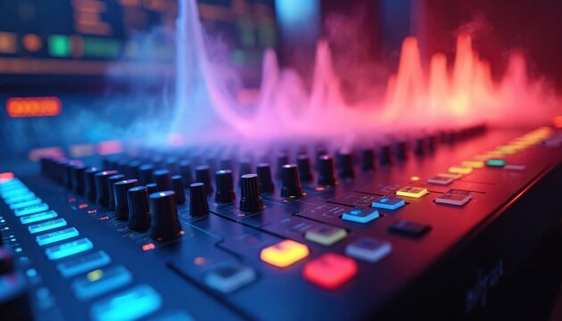 Pro audio mixing console with glowing buttons, smoke rising around visualizers. Sound engineer adjusts levels on electronic equipment in recording studio. Music producer works with digital interface - Powered by Adobe