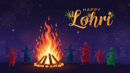 Lohri Celebration: Vividly rendered, this image captures the spirit of Lohri, a vibrant cultural celebration, with a blazing bonfire at its heart and dancers adding motion under a starlit night.