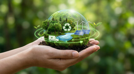 Hands holding glass globe with green nature and renewable energy icons,signifying environmental protection,sustainable development,esg corporate responsibility,and ecological harmony.