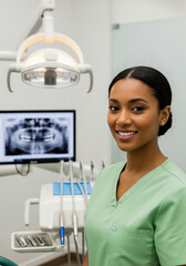 Adult smiling Afro-American female dentist in a dental office. Handsome doctor in a green uniform. Modern dental equipment
