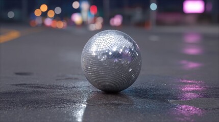 Shiny Disco Ball on Sunset Boulevard Reflecting Neon Lights, Creating a Vibrant and Festive Atmosphere for Parties and Celebrations in Urban Landscape
