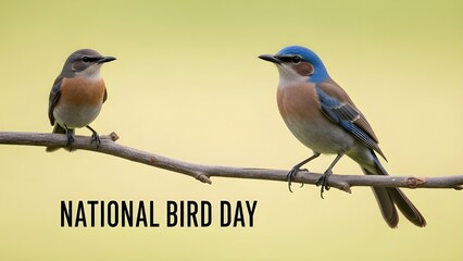 Two birds perched on a branch celebrating national bird day with vibrant colors and a warm sunny background
