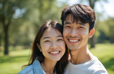 Obraz premium Young Asian couple smiles in park. Woman leans on man shoulder, happy faces look at camera. People enjoy time together in nature, sunny day.