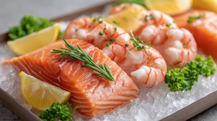 Fresh Raw Salmon Fillets and Cooked Shrimp on Ice with Lemon Wedges and Green Garnish in Elegant Seafood Presentation