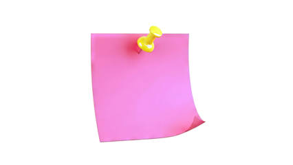 3D Pink sticky note with a yellow push pin on transparent background