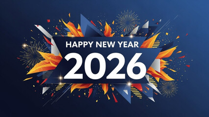 Obraz premium Vibrant happy new year 2026 celebration with fireworks and colorful confetti on dark blue background