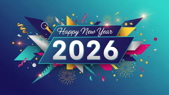 Happy new year 2026 celebration background with colorful confetti and fireworks on blue gradient