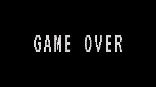 A pixelated game over screen with retro text animation appears on a black background. 4k text animated video.