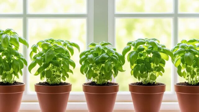 Greenery Symphony: A row of lush, thriving basil plants basks in the gentle glow of sunlight, harmonizing in a serene composition.