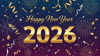 Happy new year 2026 celebration with gold numbers and fireworks on dark purple background with confetti
