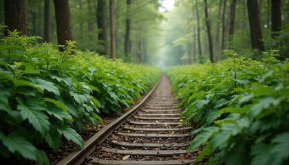 Obraz premium Abandoned railway track cuts through dense forest overgrown with rich green plants. Perspective leads down overgrown path towards misty, distant vanishing point, creating eerie, mysterious atmosphere.