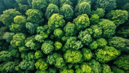 Aerial View of Lush Green Tree Canopy in Dense Forest During Daytime Illuminated by Sunlight
