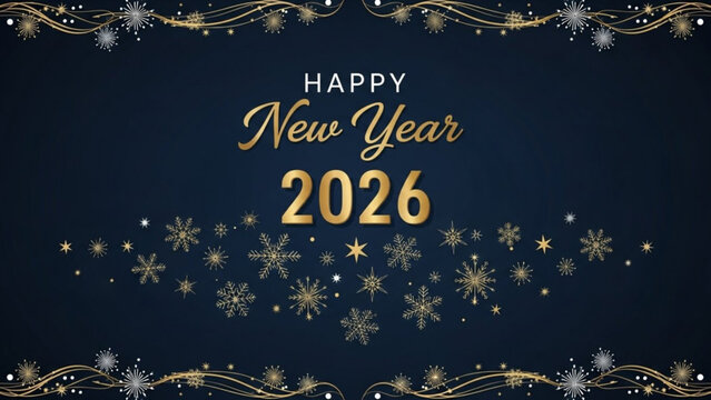 Happy new year 2026 gold text with snowflakes on dark blue background festive