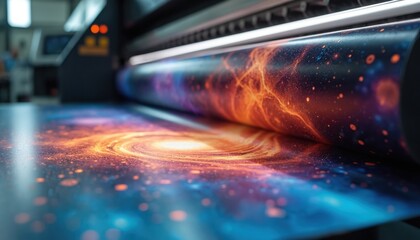 Large format digital printer creates colorful galaxy image on paper. Machine prints vibrant cosmic swirl pattern for large scale graphic design, commercial advertising, and interior decor.